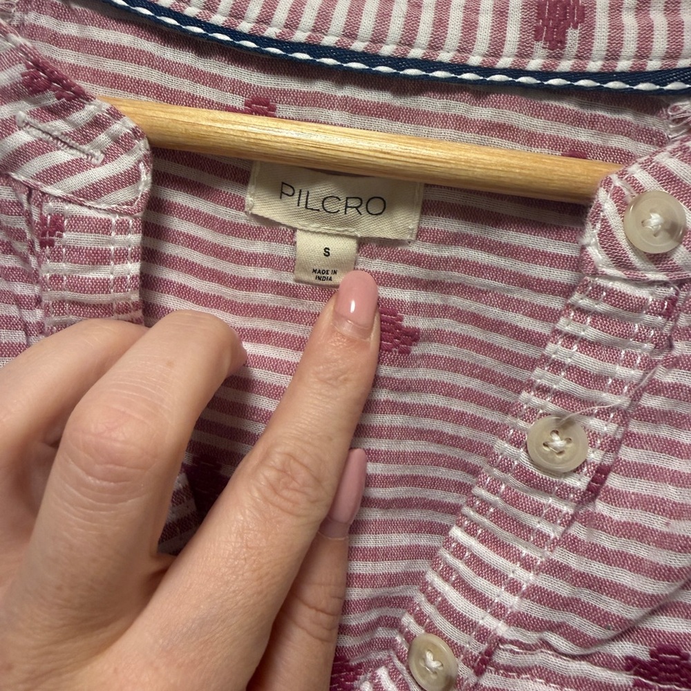Pilcro Pink Striped Button-Front Peasant Blouse with Floral Motif - Picture 3 of 3